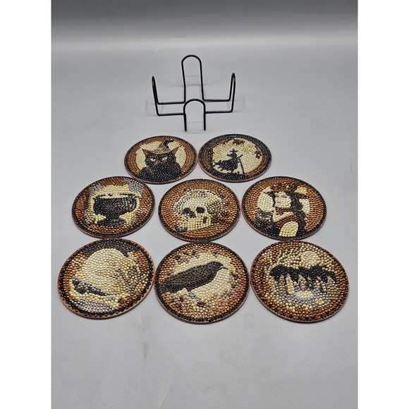 Diamond Dotz Handcrafted Halloween Coasters Set Of 8 Witch Black Cat Cauldron - Picture 1 of 11